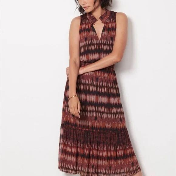 Evereve Greta Midi Smocked High Neck Mesh Printed Dress Size Small - Picture 1 of 7